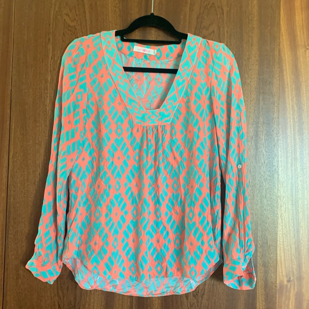 Alice & Trixie Silk Coral Peach Turquoise Geometric Print Blouse - S